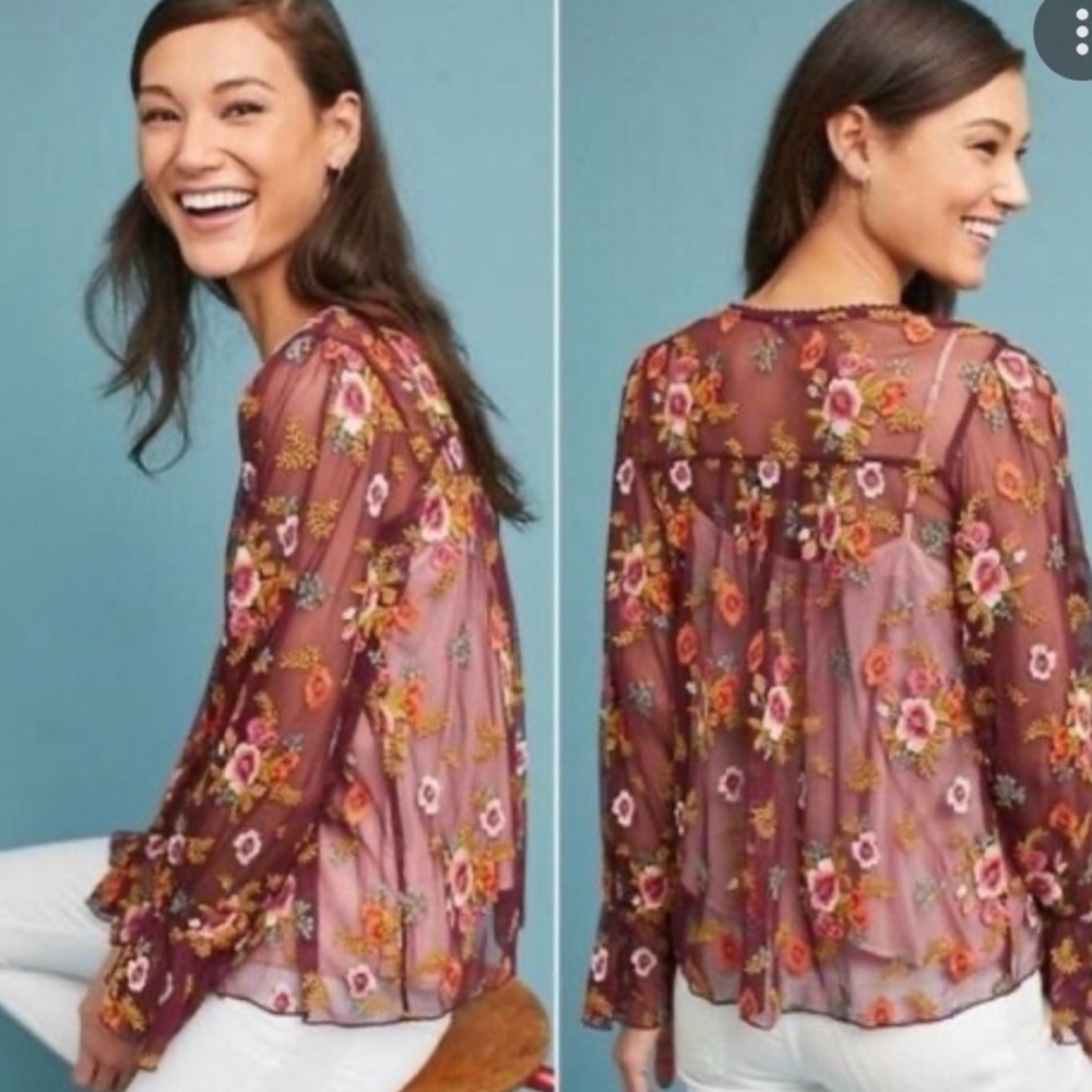 Anthropologie Feather Bone - Sheer Floral Blouse with Embroidery